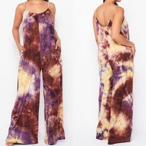 Palazzo Jumpsuit Tie Dye Loose Cami Crew Neck Boho Wide Leg Medium purpl…